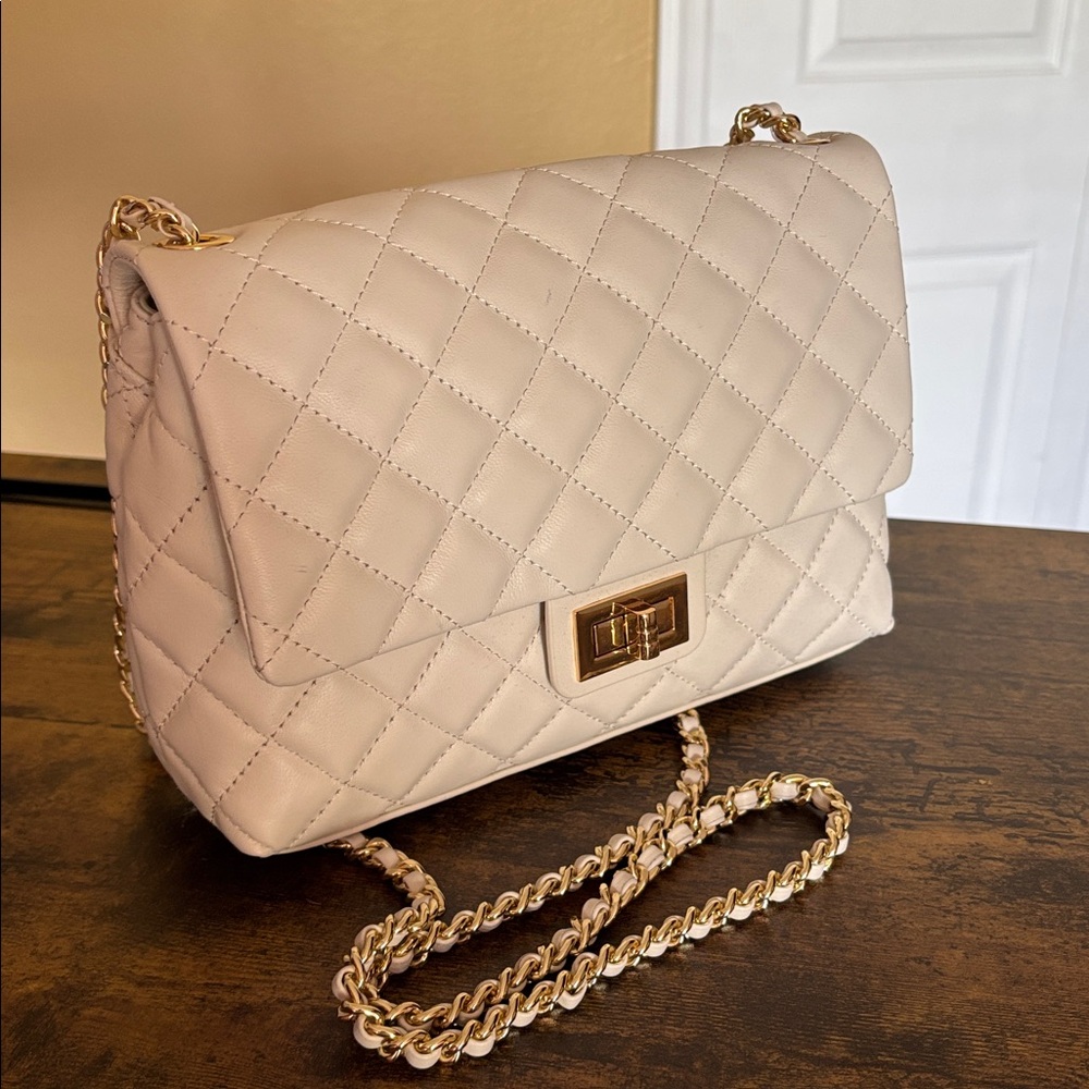 G by Giuliana Quilted Cream Shoulder Bag with Gold Chain